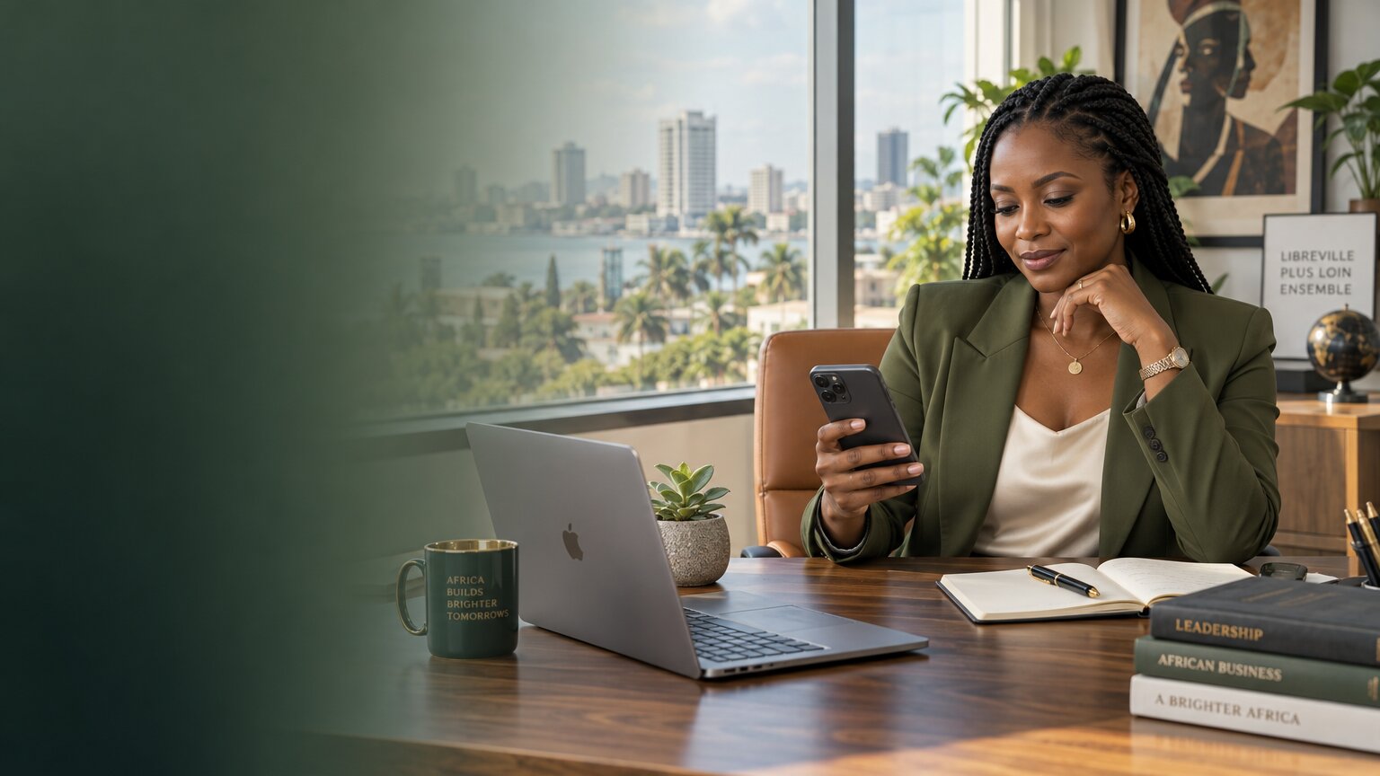 Une entrepreneuse consulte son téléphone à son bureau, avec vue sur Libreville